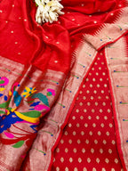 Red Banarasi Silk Small Booti Design Suit With Red Paithani Silk Flower & Peacock Design Dupatta - Luxurion World