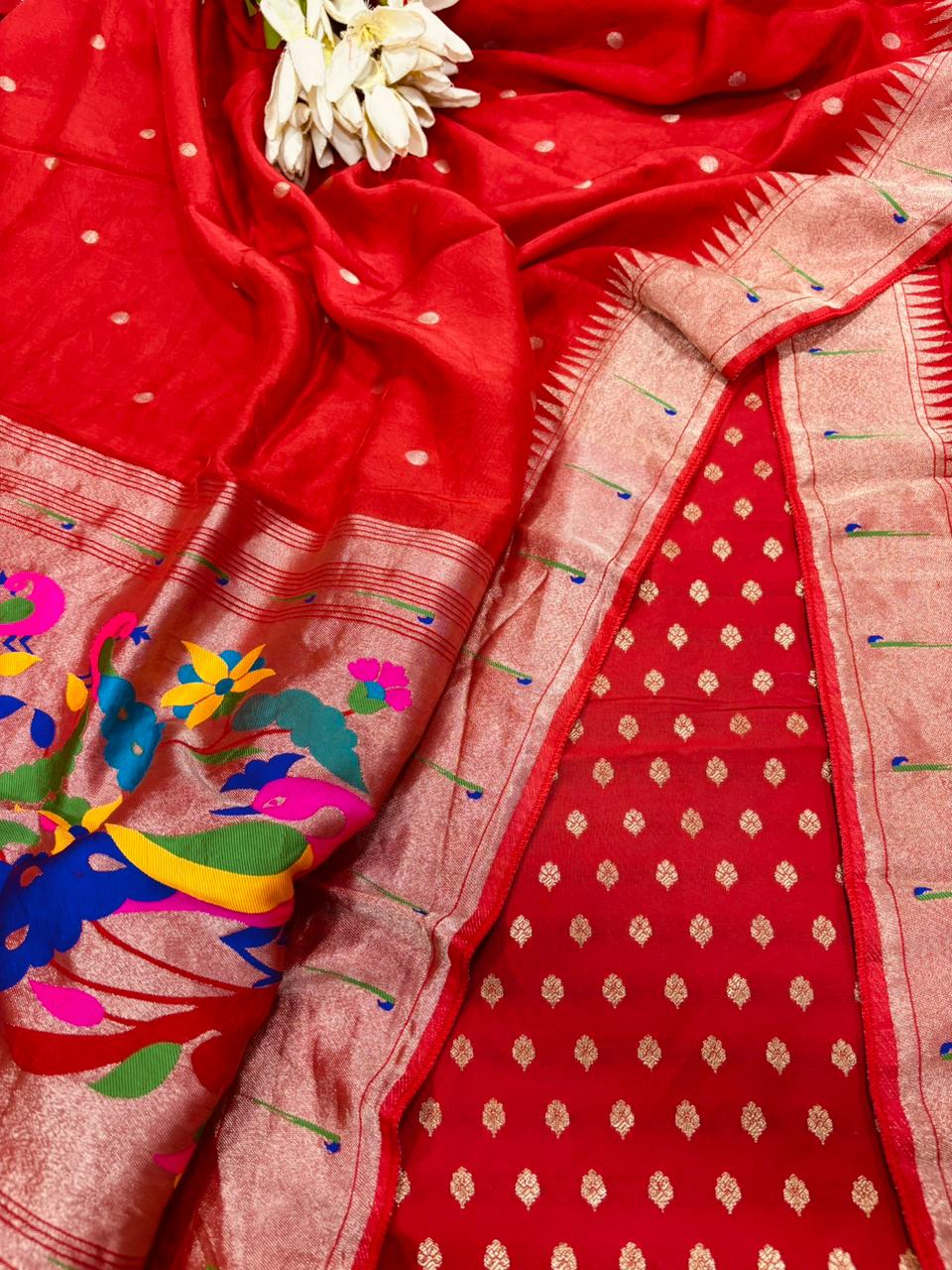 Red Banarasi Silk Small Booti Design Suit With Red Paithani Silk Flower & Peacock Design Dupatta - Luxurion World