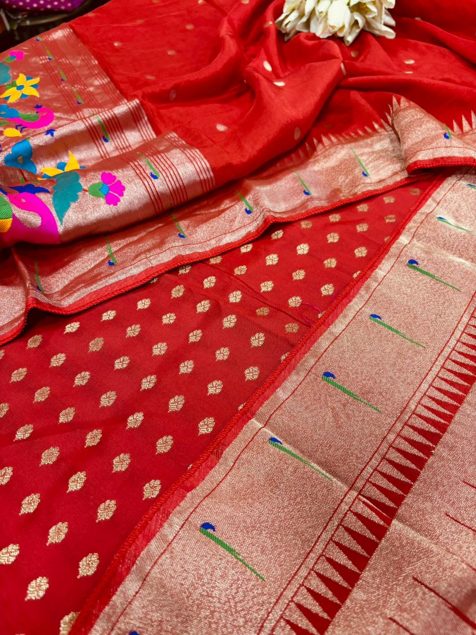 Red Banarasi Silk Small Booti Design Suit With Red Paithani Silk Flower & Peacock Design Dupatta - Luxurion World
