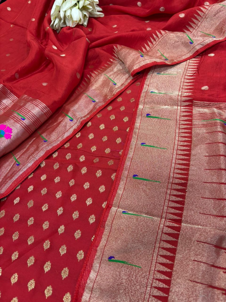 Red Banarasi Silk Small Booti Design Suit With Red Paithani Silk Flower & Peacock Design Dupatta - Luxurion World