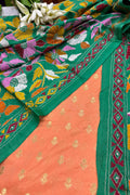 Peach Banarasi Chiniya Silk Suit — Green Kantha Flower Embroidery, Festive