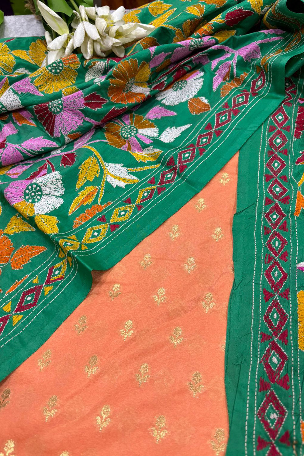 Peach Banarasi Chiniya Silk Suit — Green Kantha Flower Embroidery, Festive
