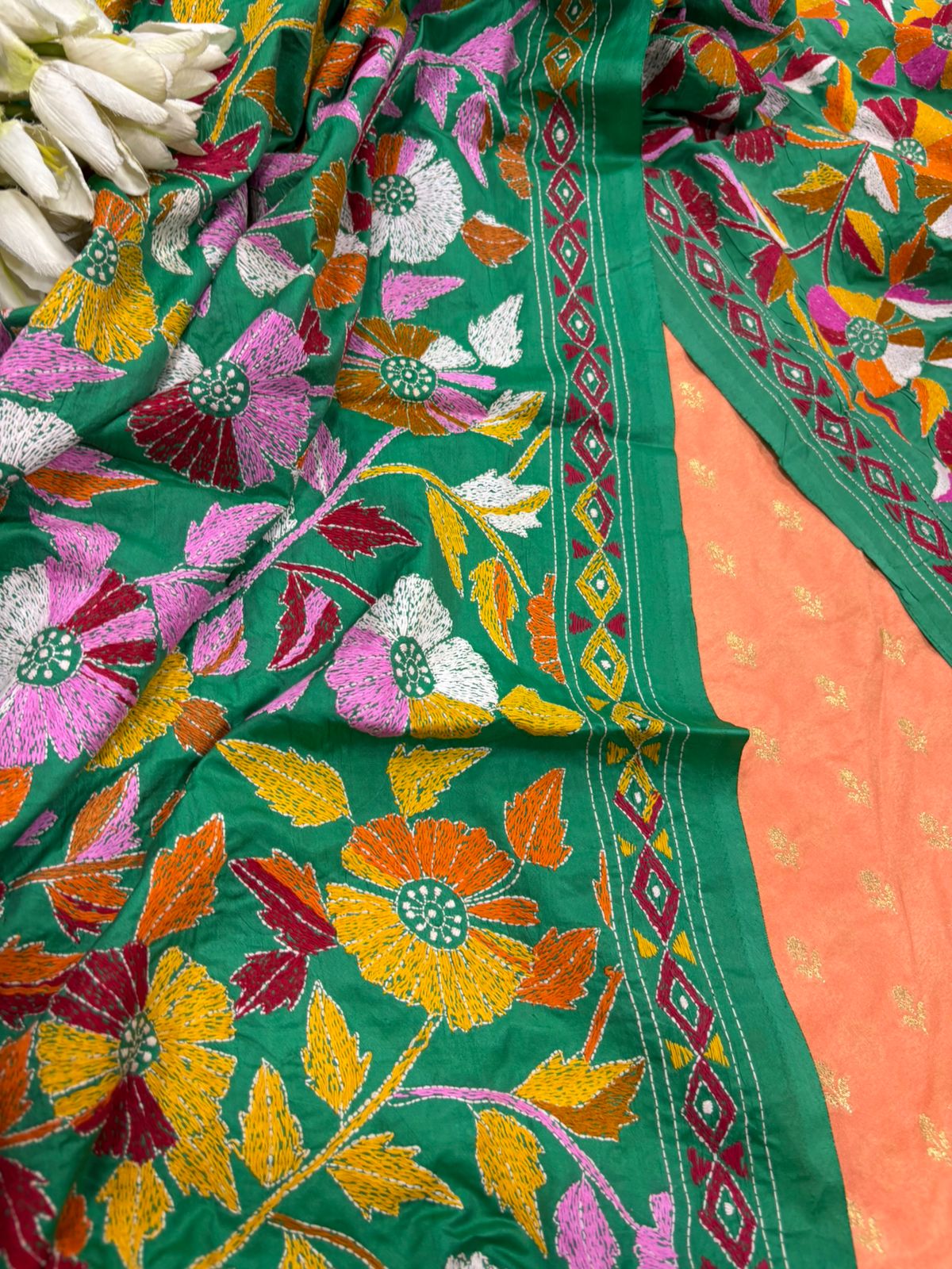 Peach Banarasi Chiniya Silk Suit — Green Kantha Flower Embroidery, Festive