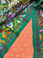Peach Banarasi Chiniya Silk Suit — Green Kantha Flower Embroidery, Festive