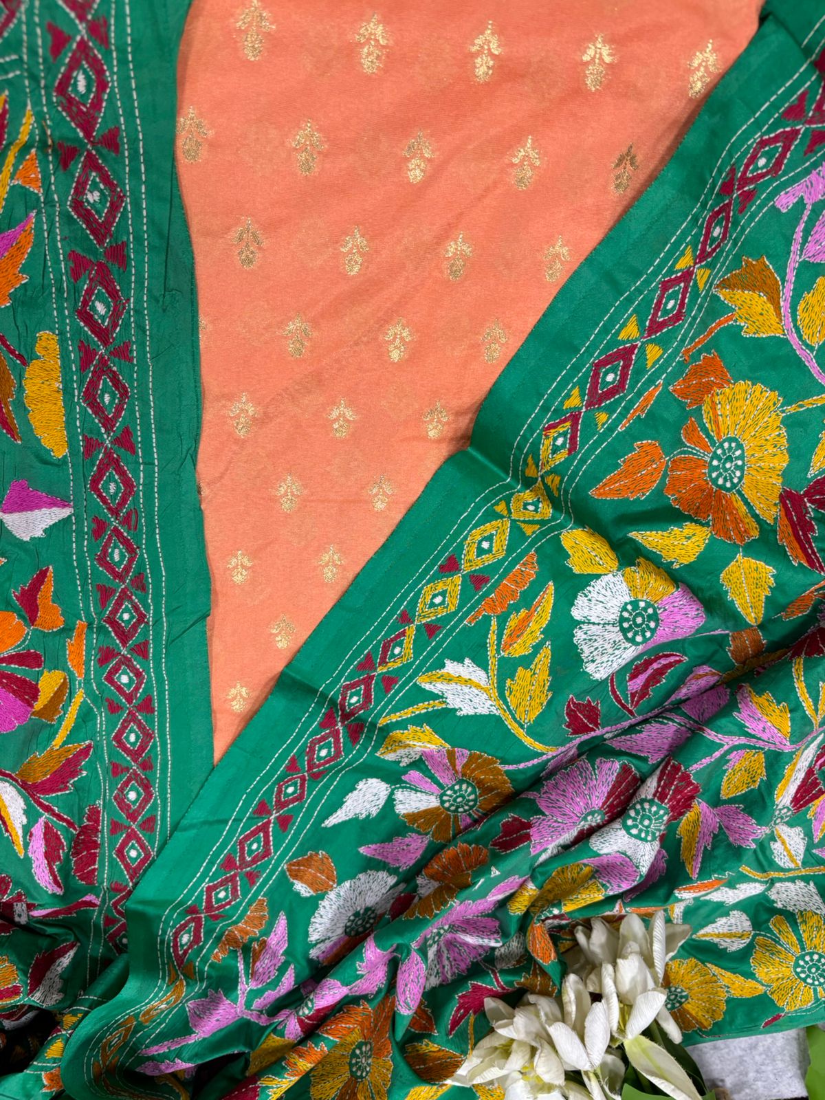 Peach Banarasi Chiniya Silk Suit — Green Kantha Flower Embroidery, Festive