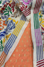 Peach Banarasi Chiniya Silk Suit — Pastel Kantha Flower & Bird Dupatta, Festive
