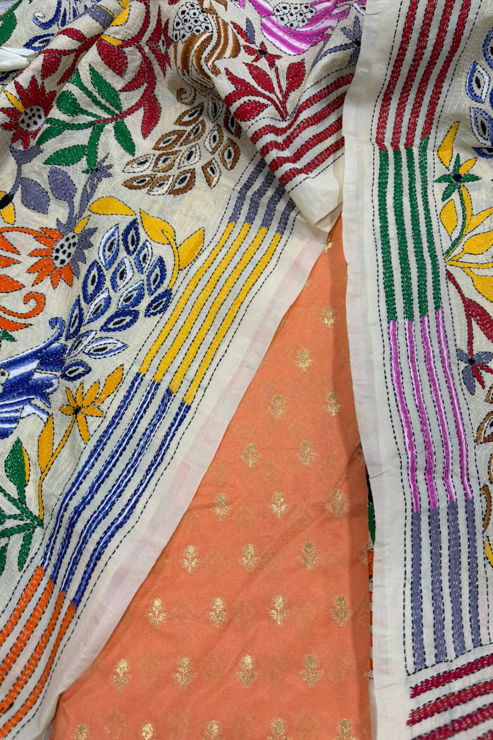Peach Banarasi Chiniya Silk Suit — Pastel Kantha Flower & Bird Dupatta, Festive