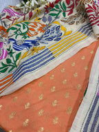 Peach Banarasi Chiniya Silk Suit — Pastel Kantha Flower & Bird Dupatta, Festive