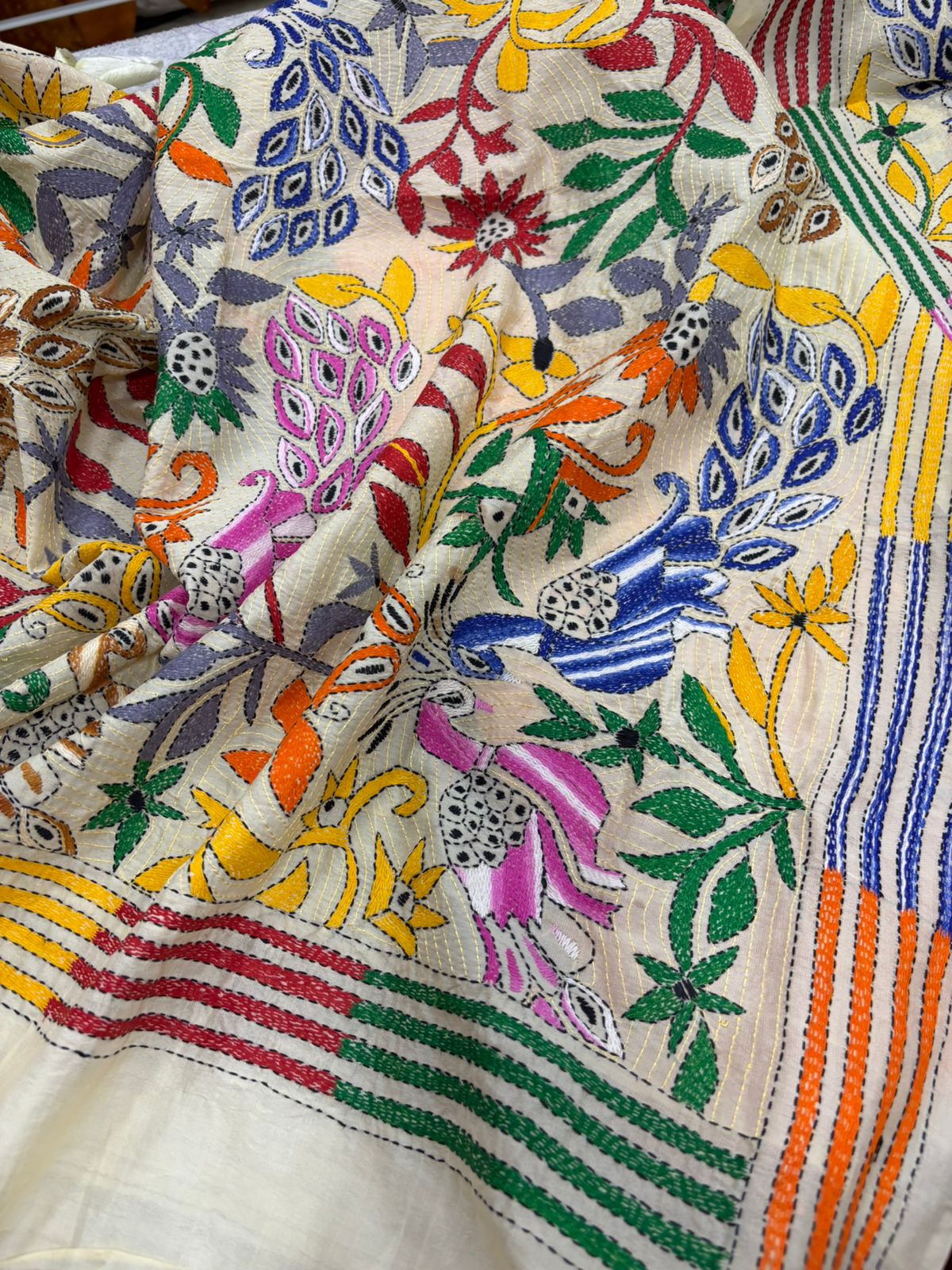 Peach Banarasi Chiniya Silk Suit — Pastel Kantha Flower & Bird Dupatta, Festive