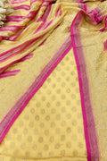 Yellow Banarasi Pure Georgette Booti Suit — With Pink & Pastel Dupatta