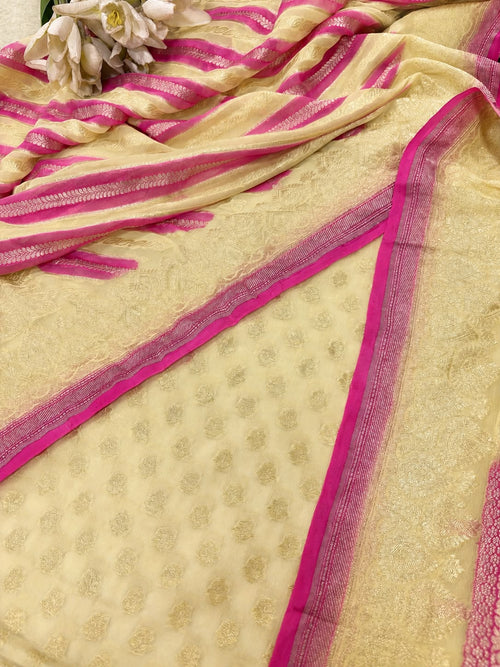 IS4B126071502 Yellow Handloom Banarasi Pure Georgette Booti Design Suit With Pink & Pastel Banarasi Handloom Pure Georgette Dupatta
