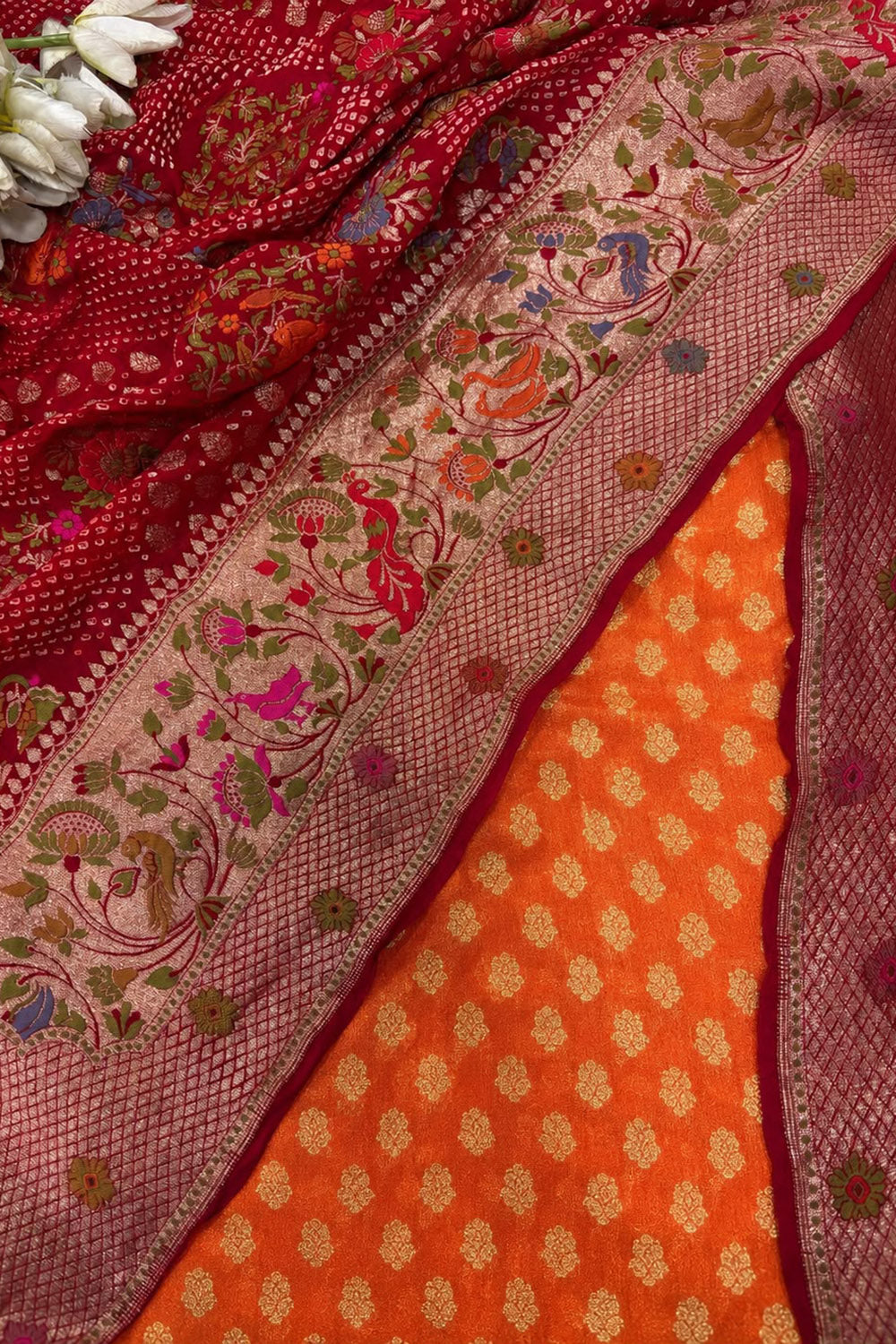 IS4B126071504 Orange Handloom Banarasi Pure Georgette Booti Design Suit With Red Pure Georgette Meenakari Banarasi Bandhani Dupatta