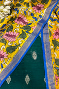 Green Banarasi Raw Silk Suit — With Yellow Hand Painted Kalamkari Dupatta