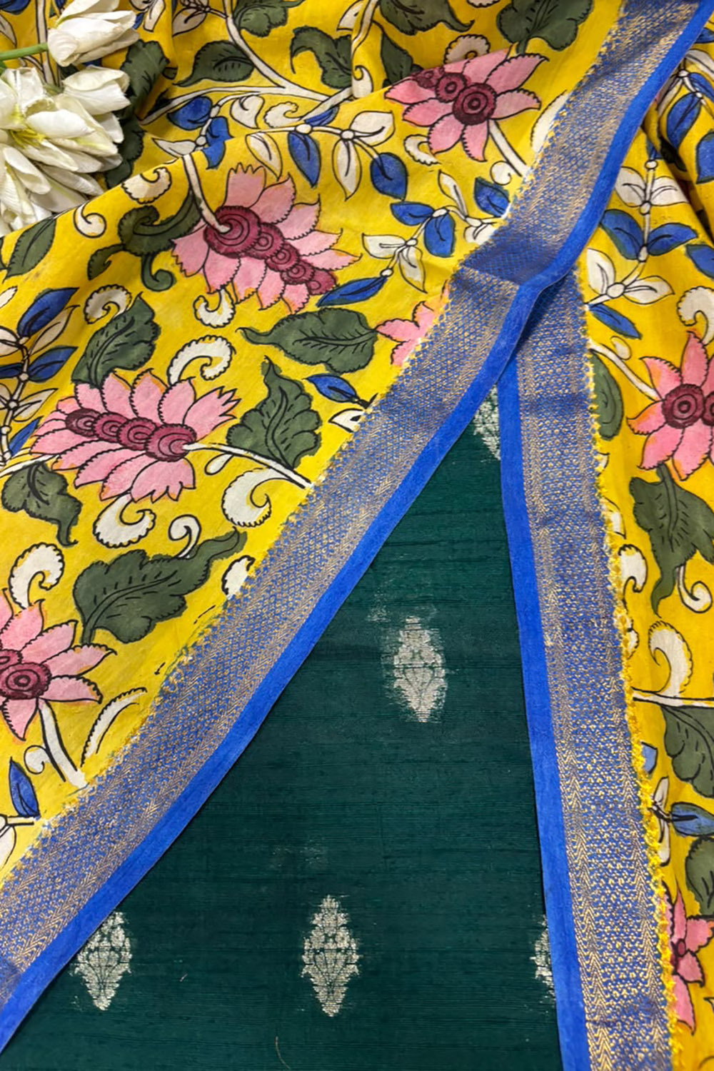 Green Banarasi Raw Silk Suit — With Yellow Hand Painted Kalamkari Dupatta