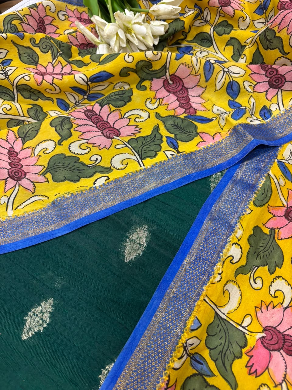 Green Banarasi Raw Silk Suit — With Yellow Hand Painted Kalamkari Dupatta