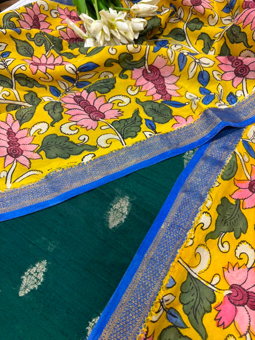 IS4B126071505 Green Banarasi Handloom Pure Raw Silk Suit With Yellow Hand Painted Kalamkari Pure Bangalore Silk Dupatta