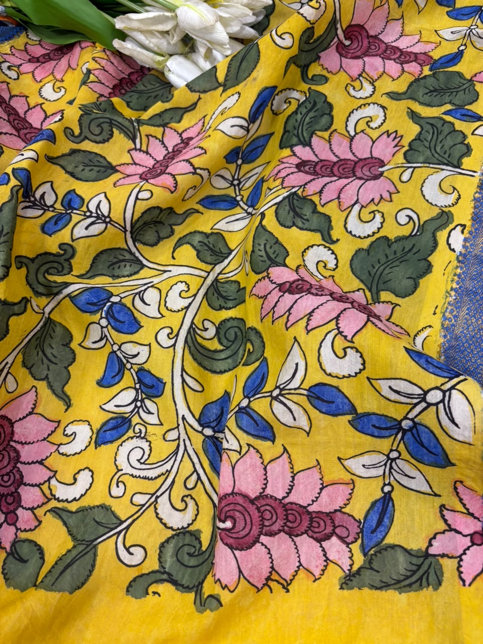 Green Banarasi Raw Silk Suit — With Yellow Hand Painted Kalamkari Dupatta