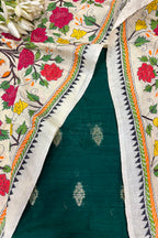 Green Banarasi Raw Silk Suit — With Pastel Kantha Embroidered Flower Dupatta