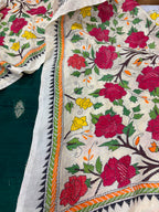 Green Banarasi Raw Silk Suit — With Pastel Kantha Embroidered Flower Dupatta