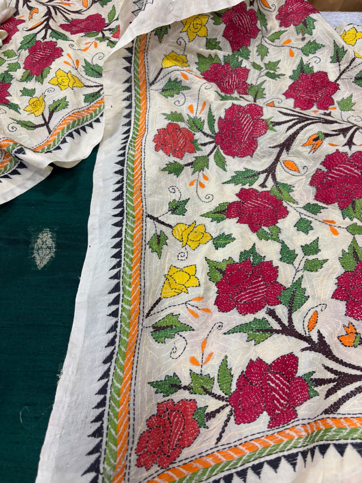 Green Banarasi Raw Silk Suit — With Pastel Kantha Embroidered Flower Dupatta