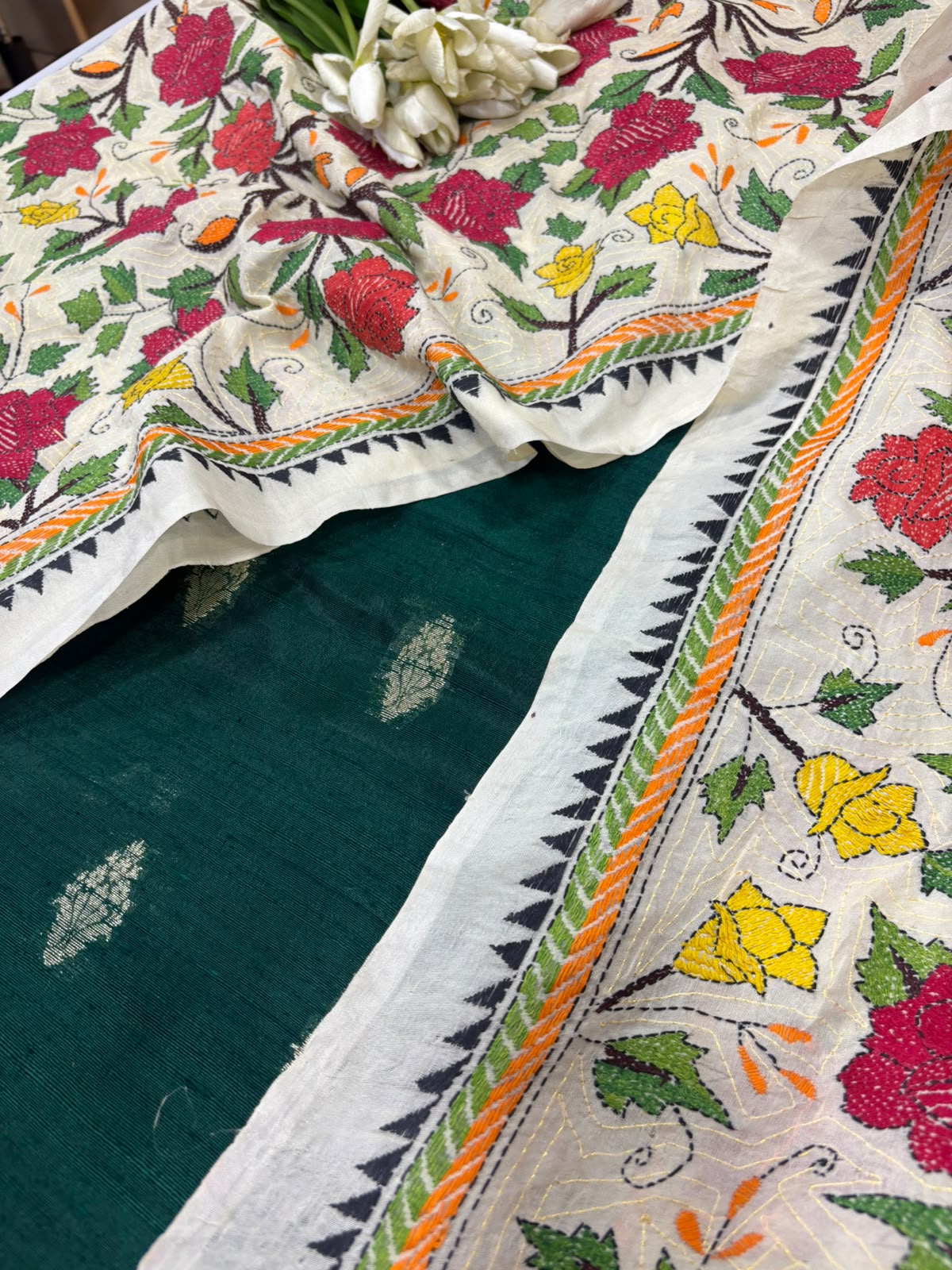 Green Banarasi Raw Silk Suit — With Pastel Kantha Embroidered Flower Dupatta