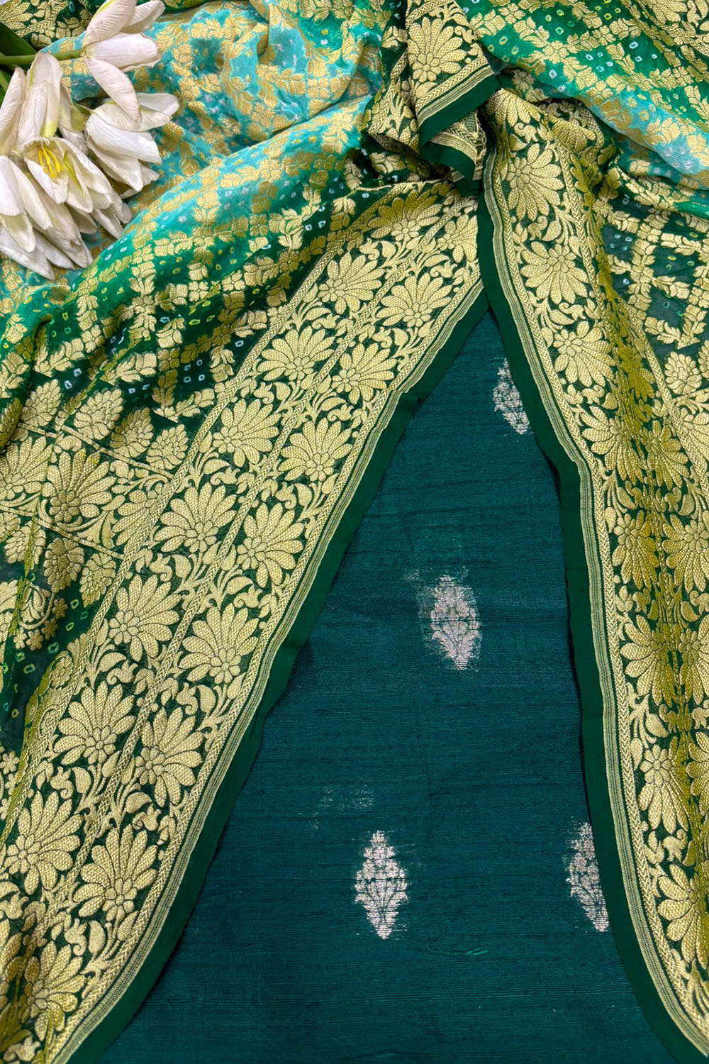 Green Banarasi Raw Silk Suit — With Blue & Green Bandhani Georgette Dupatta