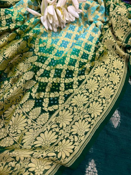 Green Banarasi Raw Silk Suit — With Blue & Green Bandhani Georgette Dupatta