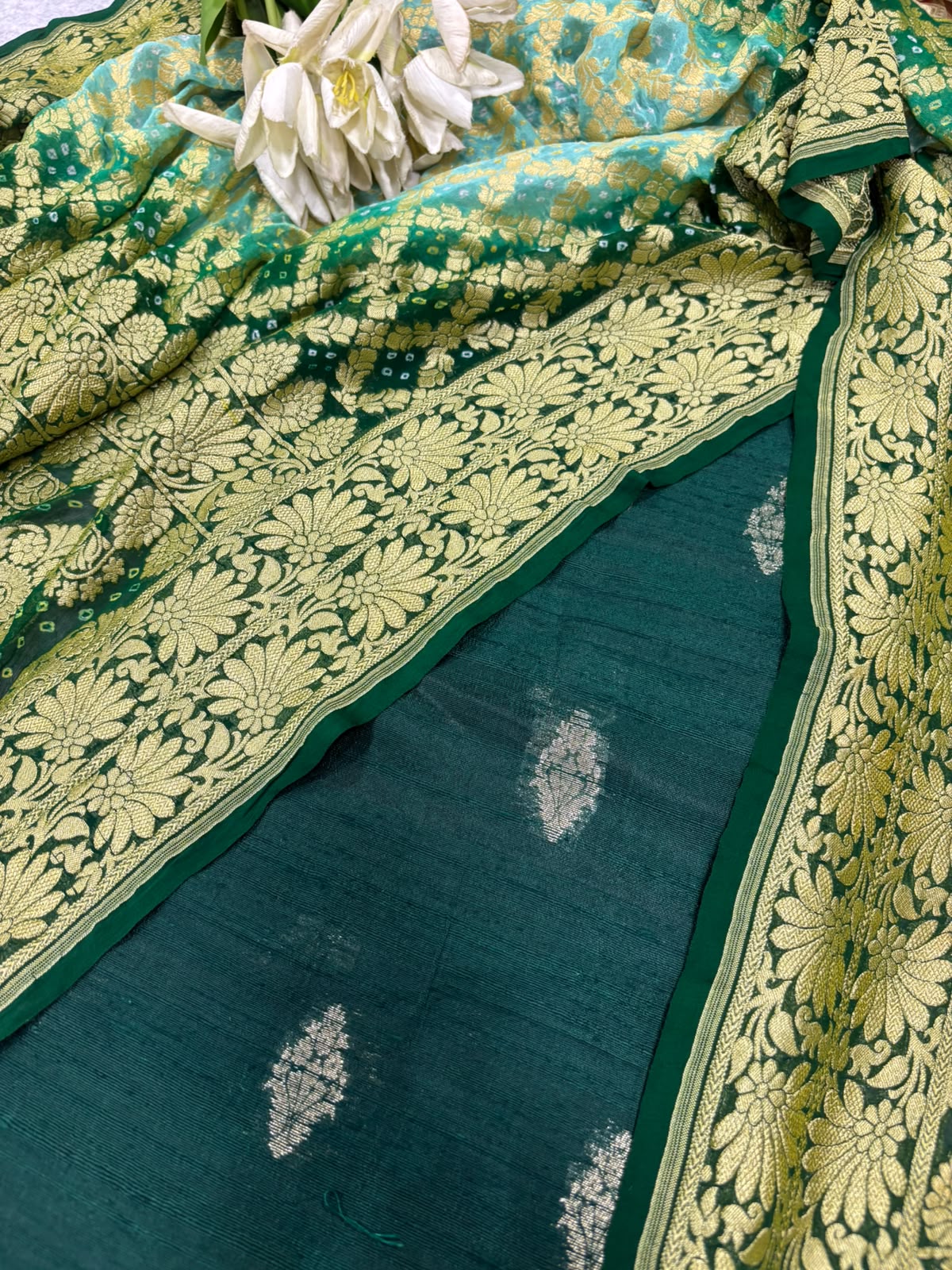Green Banarasi Raw Silk Suit — With Blue & Green Bandhani Georgette Dupatta