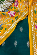 Green Banarasi Raw Silk Suit — With Yellow Kantha Embroidered Flower Dupatta