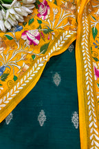 Green Banarasi Raw Silk Suit — With Yellow Kantha Embroidered Flower Dupatta