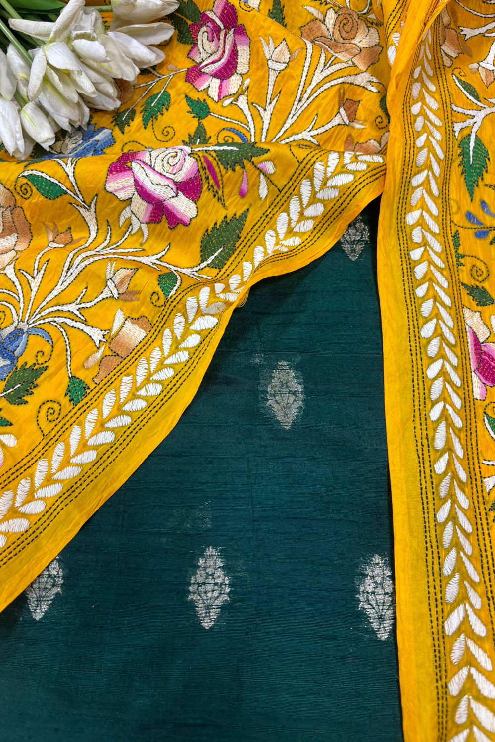 Green Banarasi Raw Silk Suit — With Yellow Kantha Embroidered Flower Dupatta