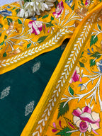 Green Banarasi Raw Silk Suit — With Yellow Kantha Embroidered Flower Dupatta
