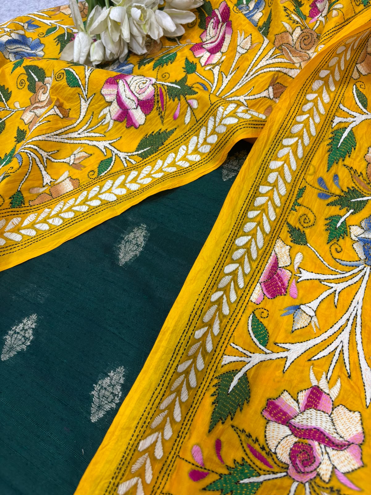Green Banarasi Raw Silk Suit — With Yellow Kantha Embroidered Flower Dupatta