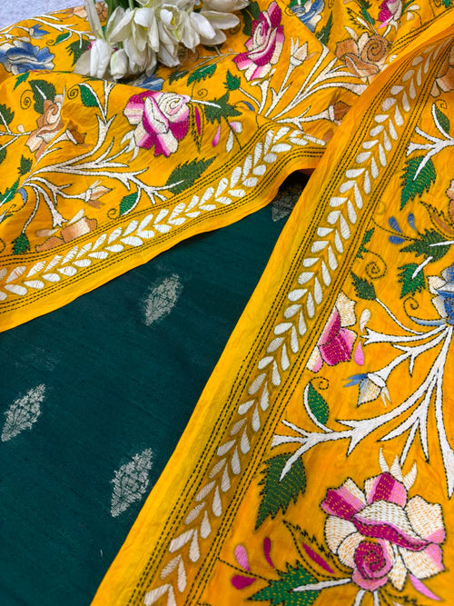 Green Banarasi Raw Silk Suit — With Yellow Kantha Embroidered Flower Dupatta