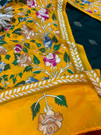 Green Banarasi Raw Silk Suit — With Yellow Kantha Embroidered Flower Dupatta