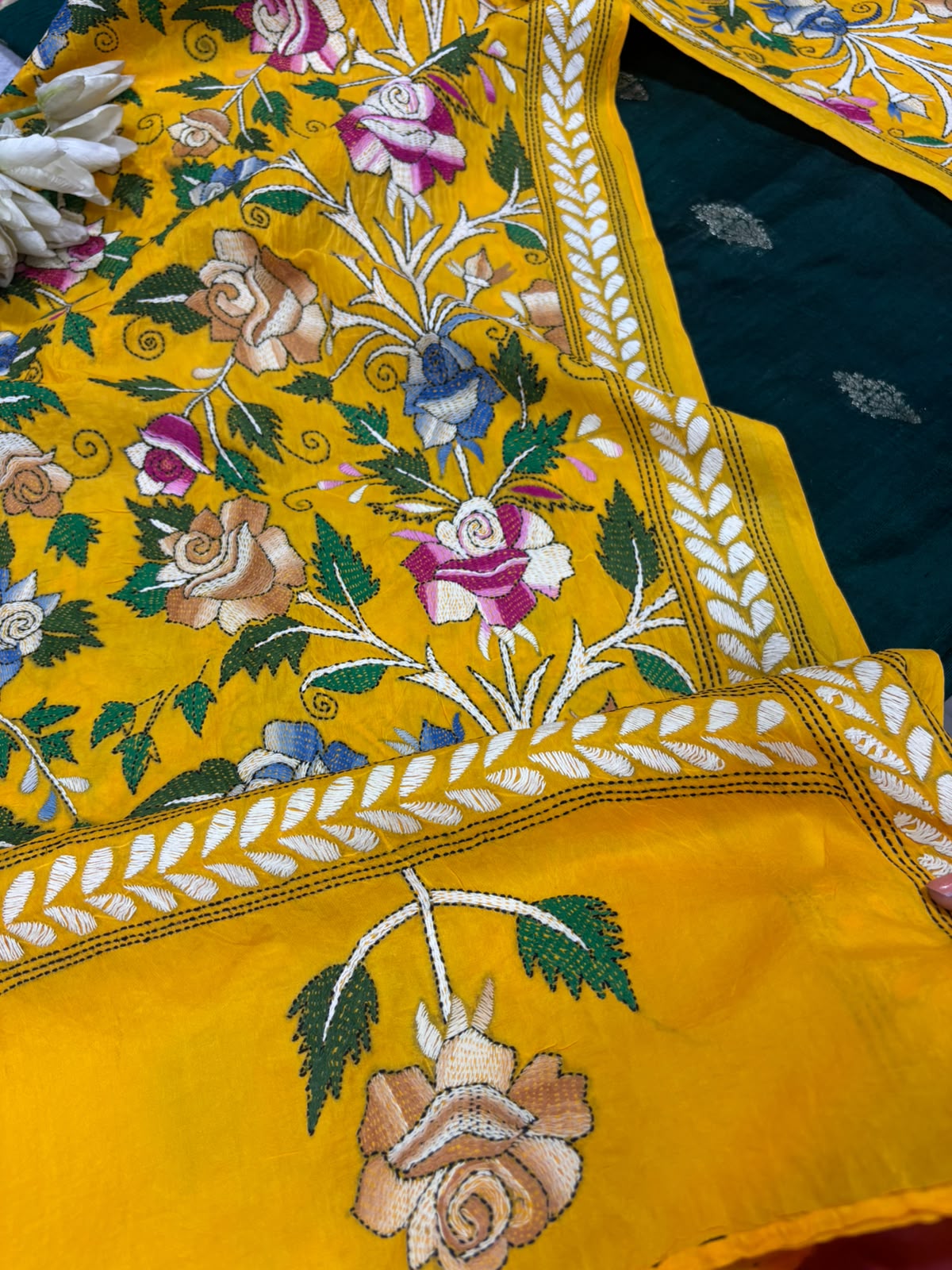 Green Banarasi Raw Silk Suit — With Yellow Kantha Embroidered Flower Dupatta