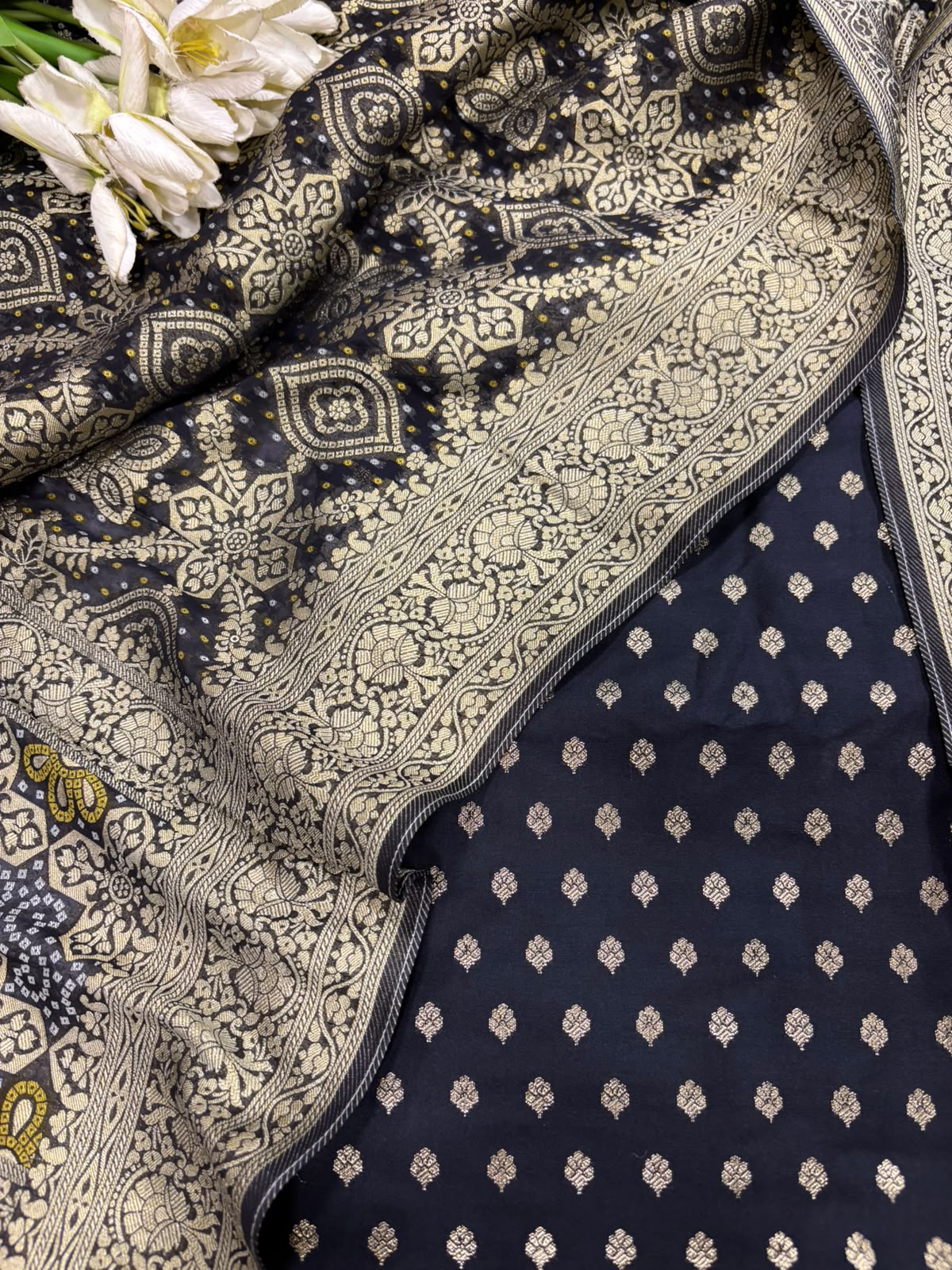 IS4B126081801 Black Banarasi Silk Small Booti Design Suit With Black Banarasi Bandhani Weaved Georgette Dupatta