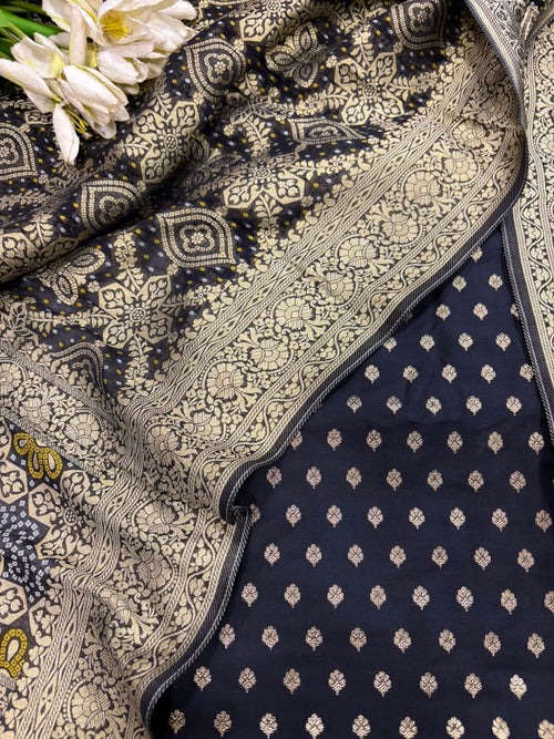 IS4B126081801 Black Banarasi Silk Small Booti Design Suit With Black Banarasi Bandhani Weaved Georgette Dupatta