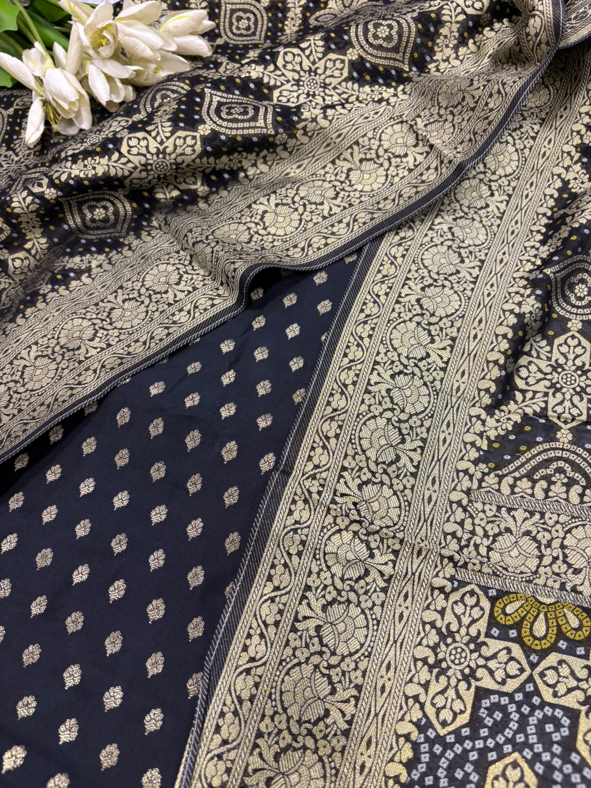 IS4B126081801 Black Banarasi Silk Small Booti Design Suit With Black Banarasi Bandhani Weaved Georgette Dupatta