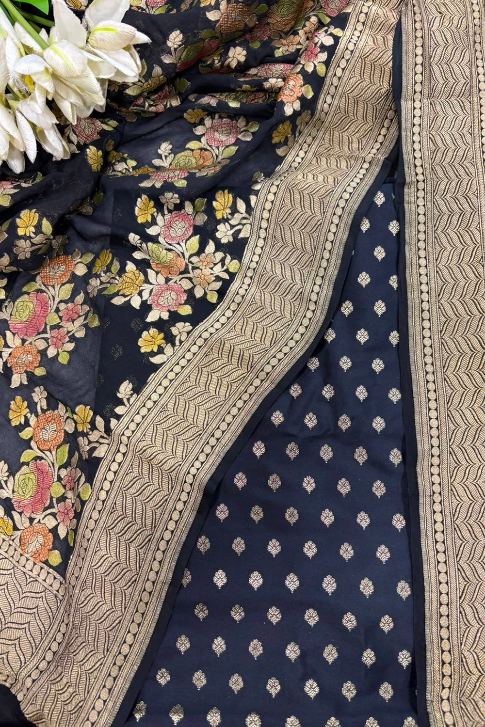 IS4B126081802 Black Banarasi Silk Small Booti Design Suit With Black Banarasi Handloom Brush Dye Pure Georgette Dupatta