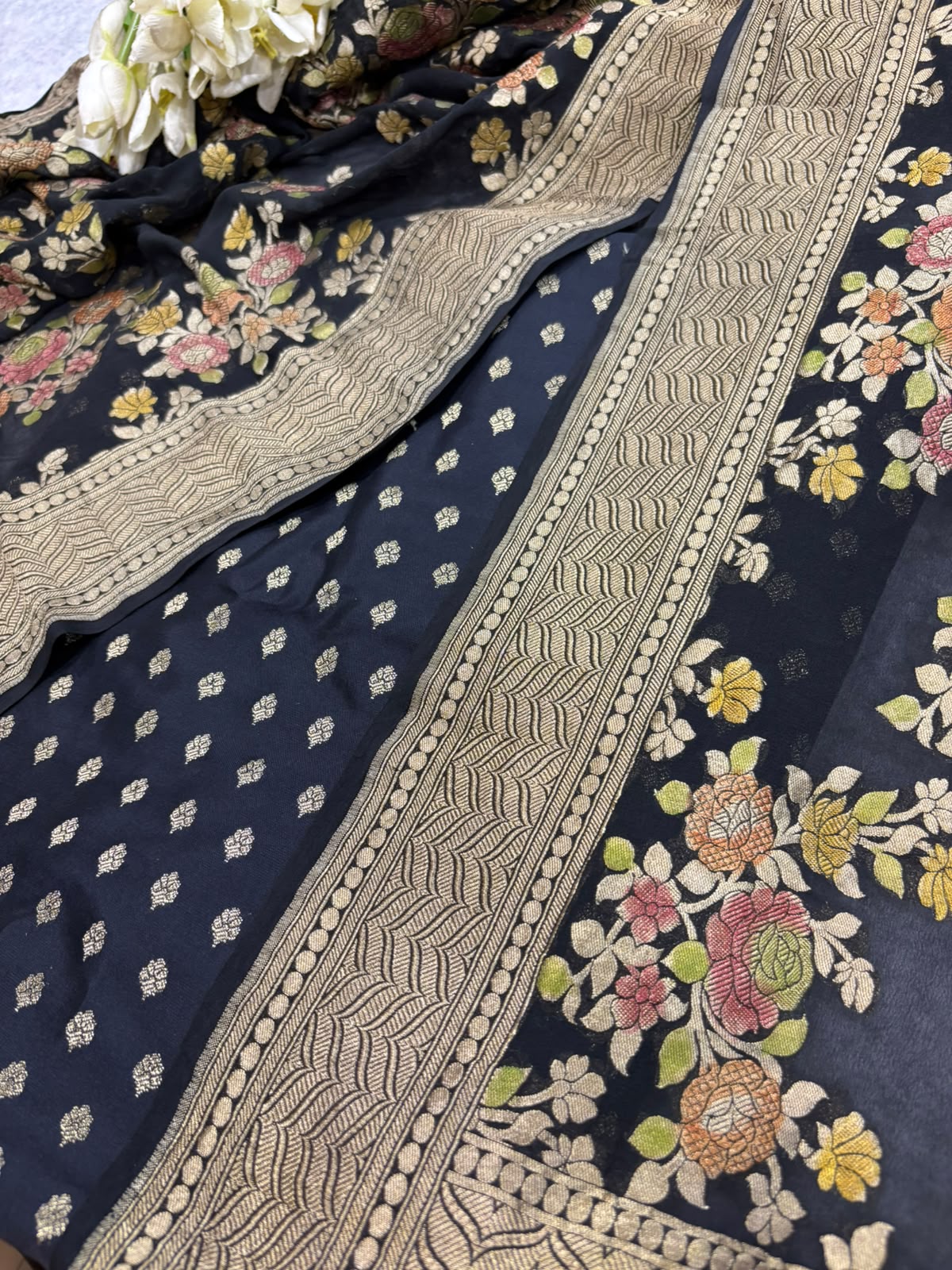 IS4B126081802 Black Banarasi Silk Small Booti Design Suit With Black Banarasi Handloom Brush Dye Pure Georgette Dupatta