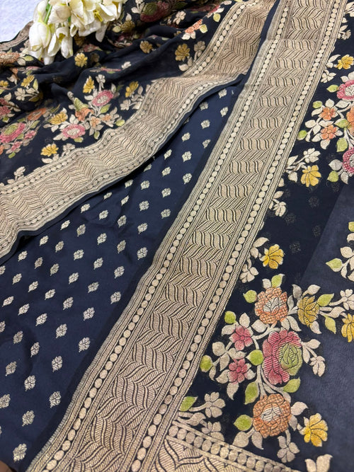IS4B126081802 Black Banarasi Silk Small Booti Design Suit With Black Banarasi Handloom Brush Dye Pure Georgette Dupatta