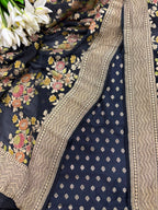 IS4B126081802 Black Banarasi Silk Small Booti Design Suit With Black Banarasi Handloom Brush Dye Pure Georgette Dupatta
