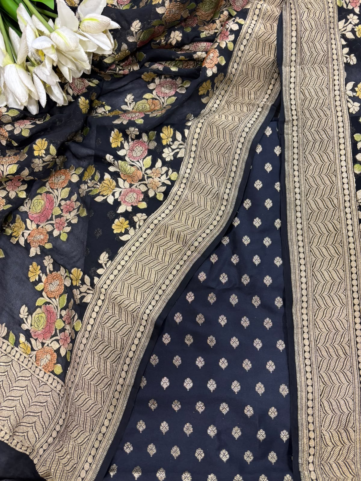 IS4B126081802 Black Banarasi Silk Small Booti Design Suit With Black Banarasi Handloom Brush Dye Pure Georgette Dupatta