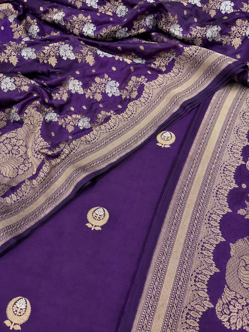 IS4B126081803 Purple Banarasi Handloom Pure Silk  Suit With Purple Banarasi Handloom Pure Katan Silk Sona Roopa Flower Design Dupatta