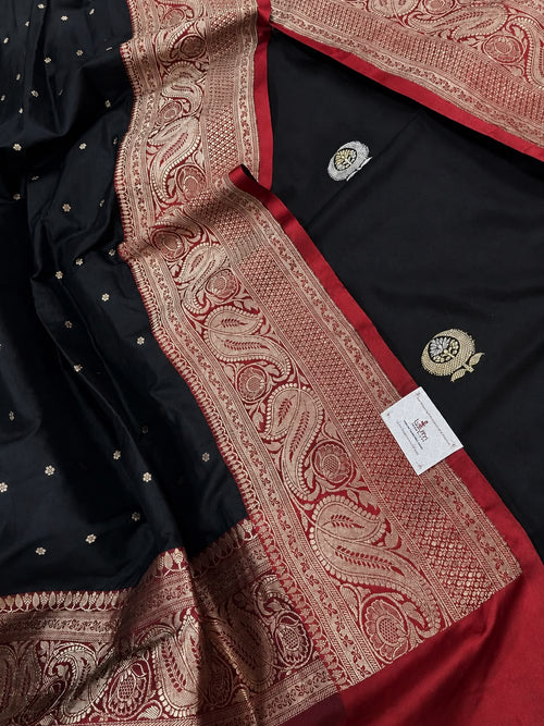 IS4B126081804 Black Banarasi Handloom Pure Silk  Suit With Black Banarasi Handloom Pure Katan Silk Dupatta