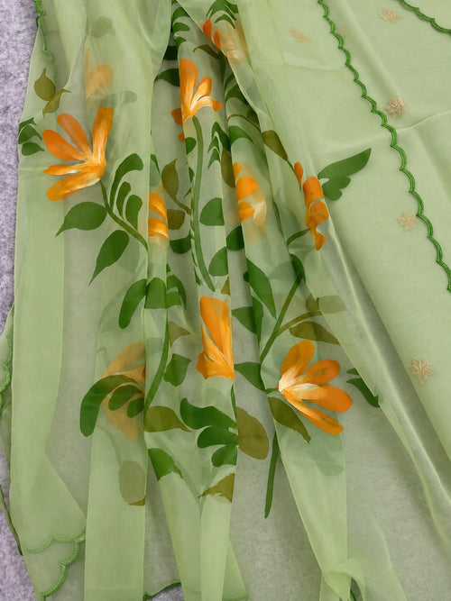 IS4B126092402 Green Banarasi Kora Silk Booti Design Suit With Green Hand Painted Organza Silk Scalloped Border Dupatta