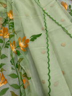 IS4B126092402 Green Banarasi Kora Silk Booti Design Suit With Green Hand Painted Organza Silk Scalloped Border Dupatta