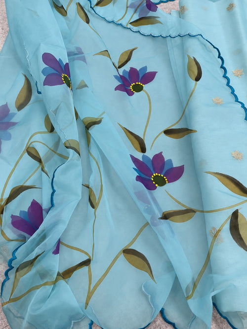 IS4B126092403 Blue Banarasi Kora Silk Booti Design Suit With Blue Hand Painted Organza Silk Scalloped Border Dupatta