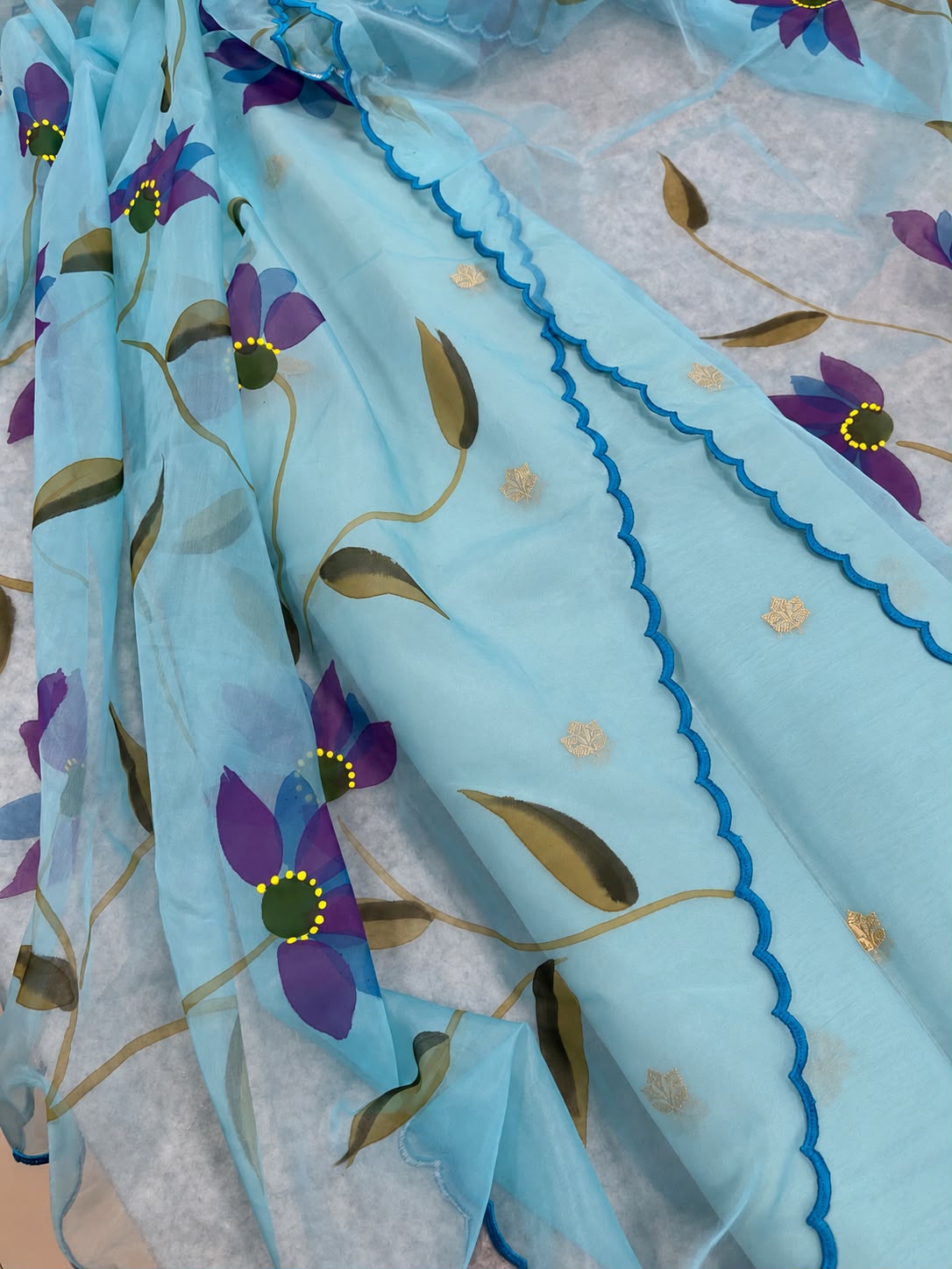 IS4B126092403 Blue Banarasi Kora Silk Booti Design Suit With Blue Hand Painted Organza Silk Scalloped Border Dupatta